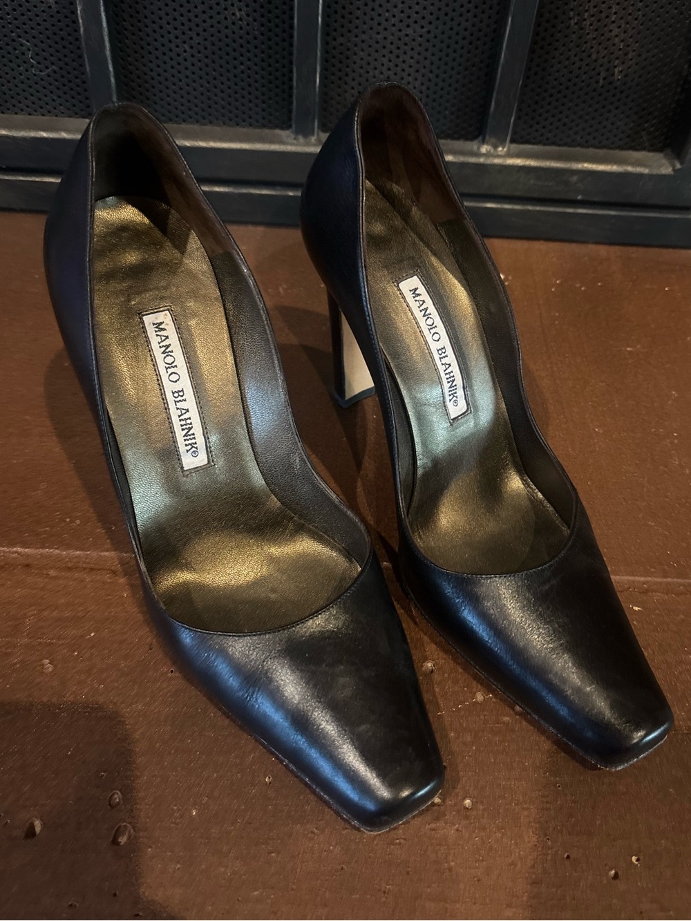 Manolo Blahnik Black Leather Square-Toe Heels - Picture 6 of 6